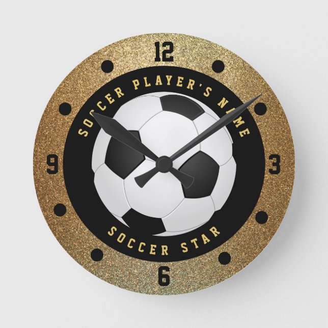 Redondo Relógio de Futebol de Glitter Ouro Falso Personali (Frente)