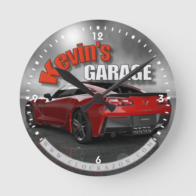 Redondo Relógio de Garagem Corvette de Nome Personalizado (Frente)