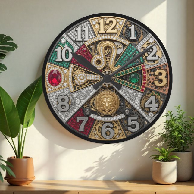 Redondo Relógio de leões, sinal de zodíaco, Steampunk, gem (Lion Jeweled Wall Clock)