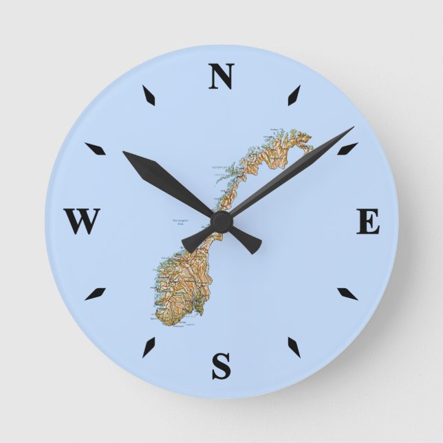 Redondo Relógio de Mapa da Noruega (Frente)