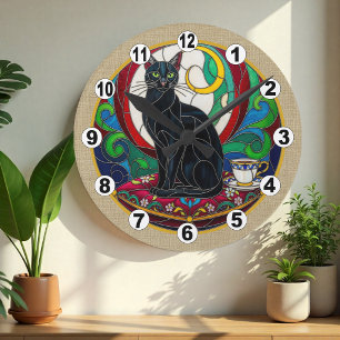 Redondo Relógio de Mosaico de Arte de Gato Preto Vintage,