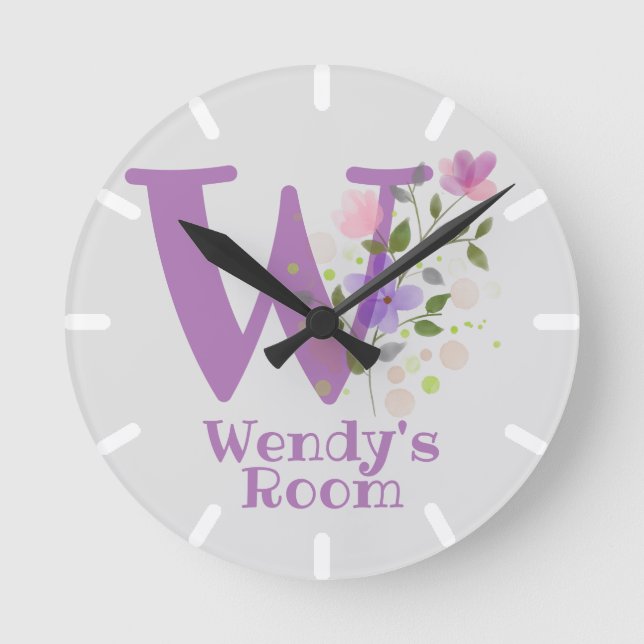 Redondo Relógio de quarto de criança com nome e inicial (Frente)