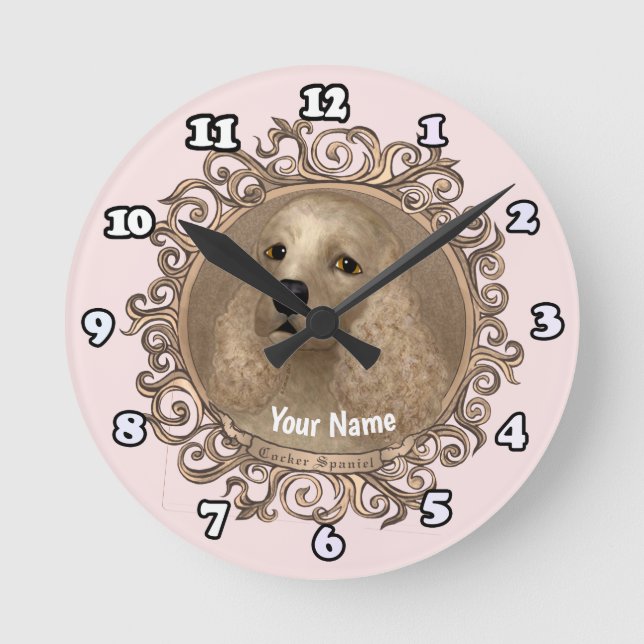 Redondo relógio do Spaniel do ornamentado Cocker (Frente)