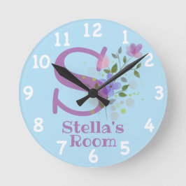 Redondo Relógio em Design Floral com Nome Stella & Inicial