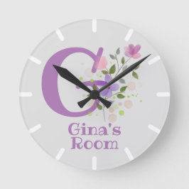 Redondo Relógio em um Desenho Floral com Nome Gina e Inici