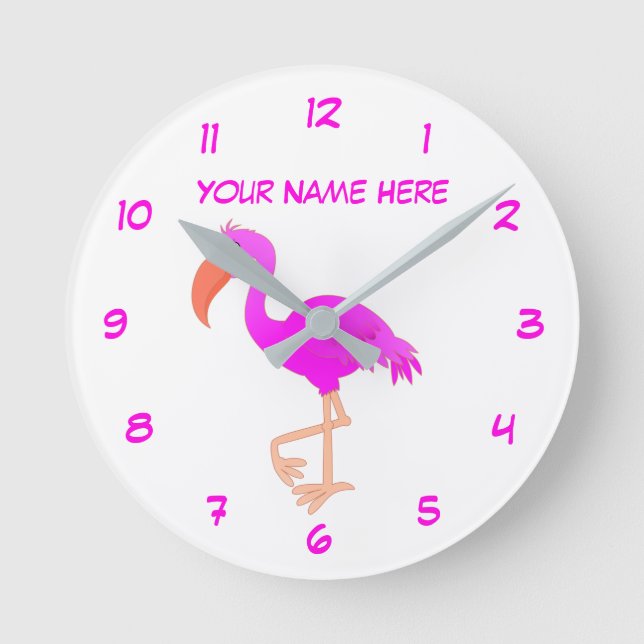 Redondo Relógio Flamingo Rosa Texto Nome Personalizado (Frente)