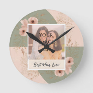 Redondo Relógio Floral de Parede Personalizado "Melhor Mãe