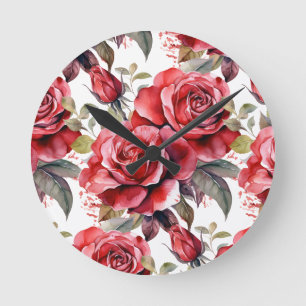 Redondo Relógio Floral de Rosas Vermelhas Chic