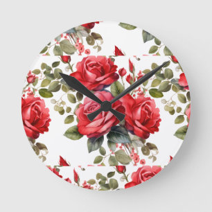 Redondo Relógio Floral de Rosas Vermelhas Chic