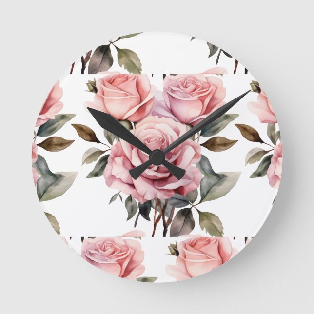 Redondo Relógio Floral Rosas Rosa Chic (Frente)