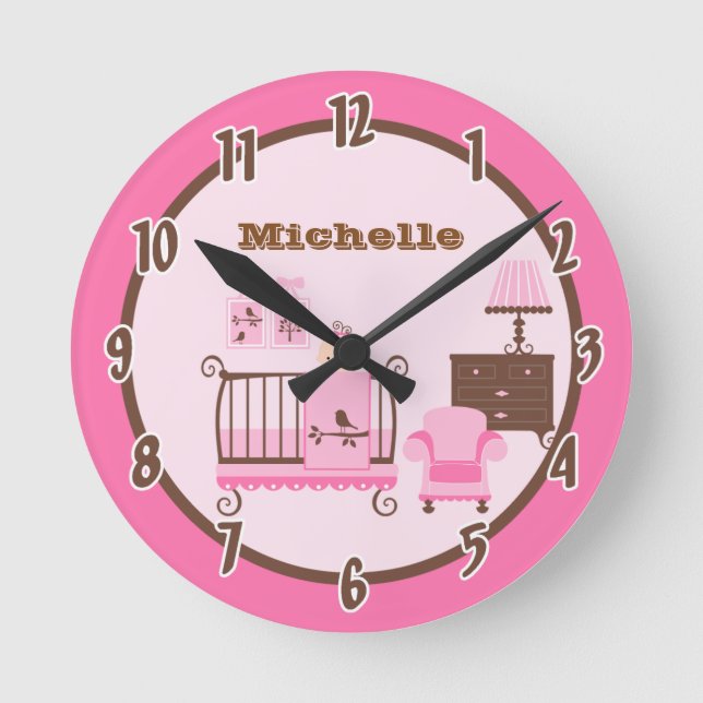 Redondo Relógio Personalizado Da Sala De Bebê Rosa (Frente)