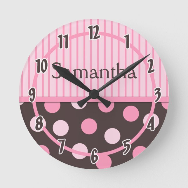 Redondo Relógio Personalizado de Bolinhas Moderna Rosa Beb (Frente)
