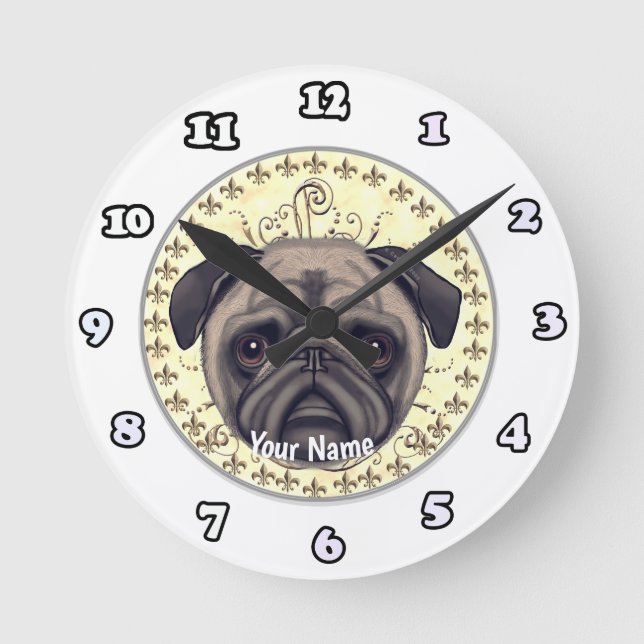 Redondo Relógio Pug Fleur De Lis (Frente)
