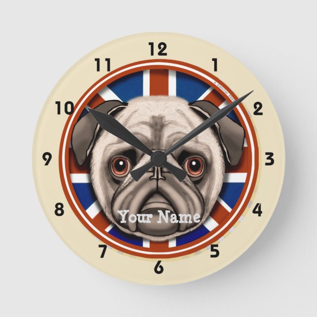 Redondo Relógio Pug Inglaterra (Frente)