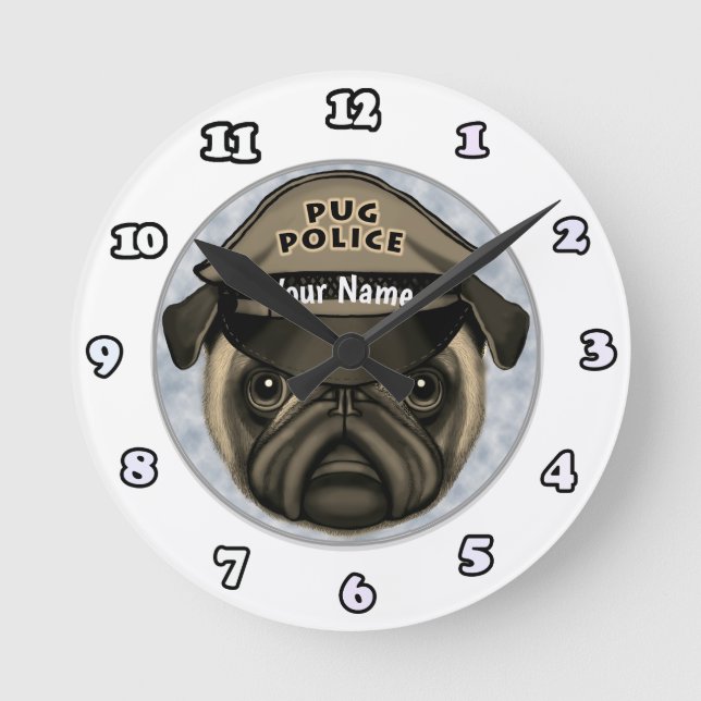 Redondo Relógio Pug Polícia (Frente)