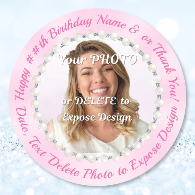 Redondo Rosa, Adesivo de Feliz Aniversário com Nome e Foto (Photo Birthday Stickers. Birthday favor stickers. Personalized birthday stickers for favors. 30th)