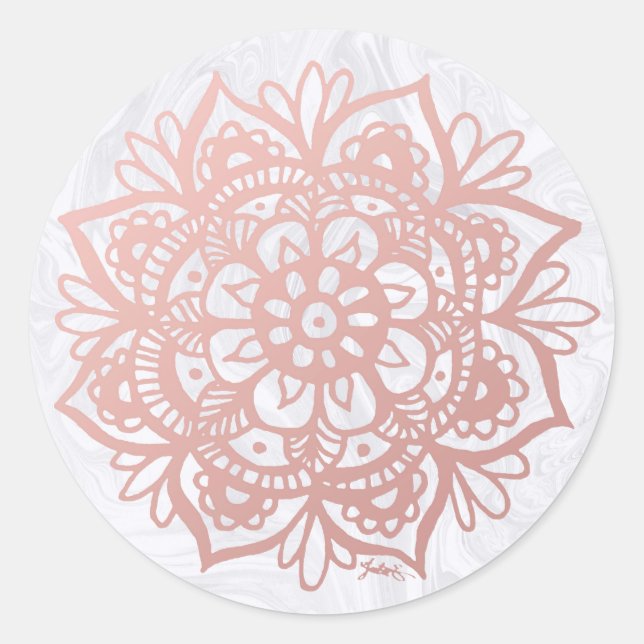 Redondo Rosa Dourado Mandala sobre o adesivo branco do már (Frente)