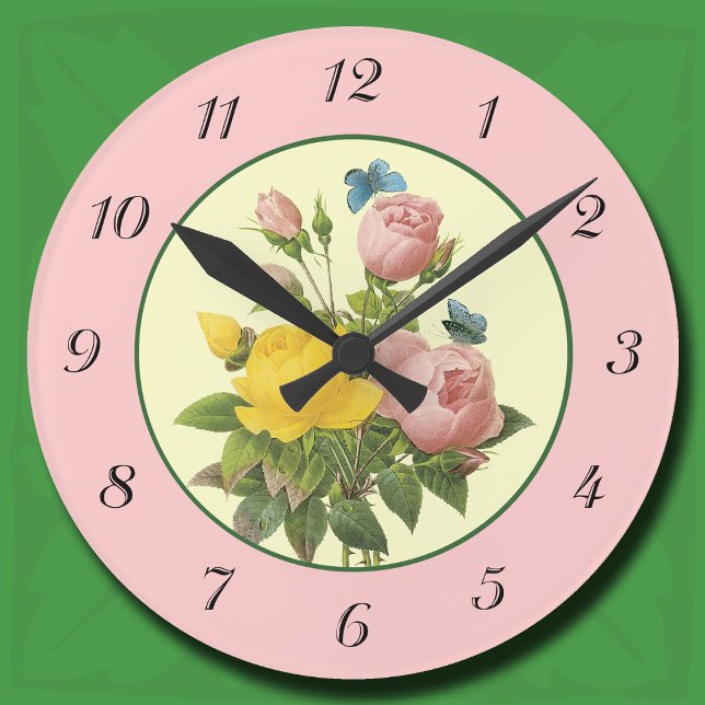 Redondo Rosas Botânicos Amarelos Cor-de-Rosa Relógio de Pa (Pink and Yellow Botanical Roses Wall Clock)