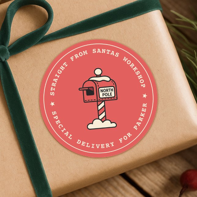 Redondo Santas Workshop Adesivo | Entrega do Polo Norte (Playful mailbox illustration gift stickers for a special delivery straight from Santa's workshop)