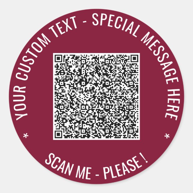 Redondo Seu adesivo de código QR com texto personalizado E (Frente)