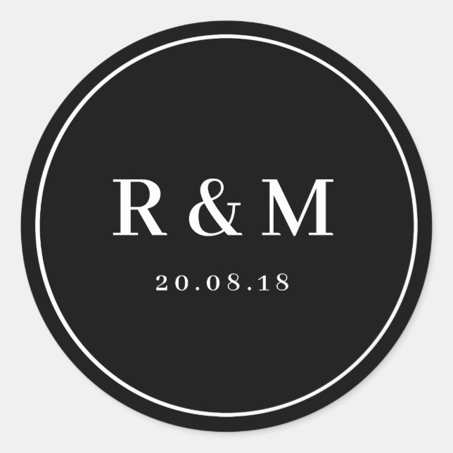 Redondo Simples adesivo de casamento preto e branco (Frente)