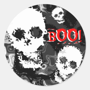 Redondo Skull Specters B & W 'BOO!' texto vermelho adesivo