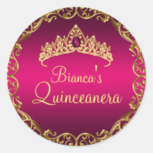 Redondo Tiara de Gema Dourada e Rosa Adesivo Quinceanera