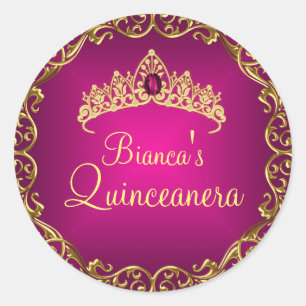 Redondo Tiara de Gema Dourada e Rosa Adesivo Quinceanera