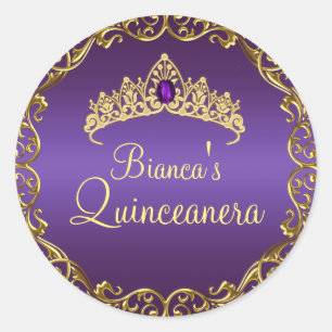 Redondo Tiara de Gema Dourada e Roxa Adesivo Quinceanera