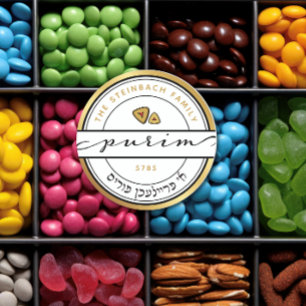 Redondo Um adesivo de script Freilichen Purim com Dourado