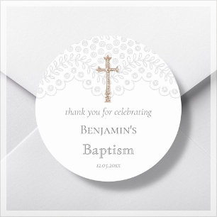 Redondo White Lace Baptism Obrigado Clássico Do Adesivo Re