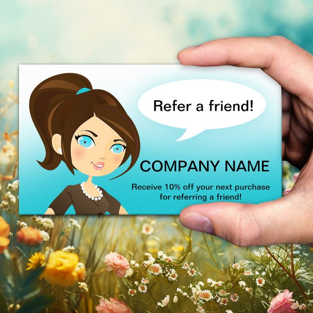 Referência Diga a um Cartão de visita Amigo (Referral or tell-a-friend business card with a cartoon lady recommending your business)