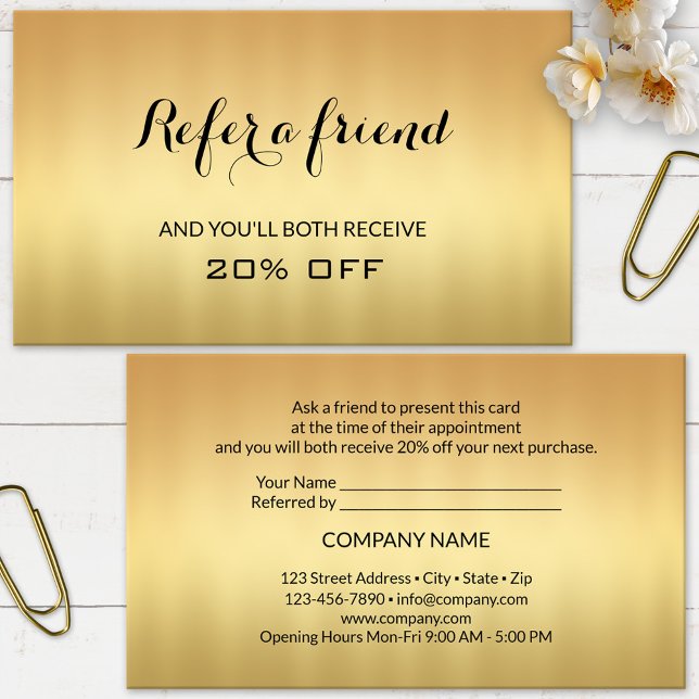 Referência Dourada Diga A Um Amigo Cartão de visit (Elegant referral business card featuring a minimalist gold printed design.)
