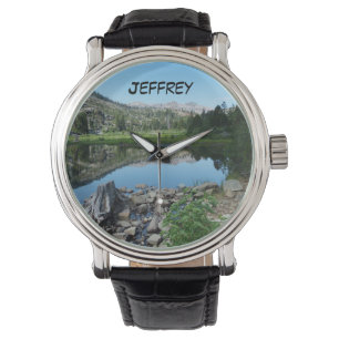 Reflexão em lago masculino, nome, relógio de pul