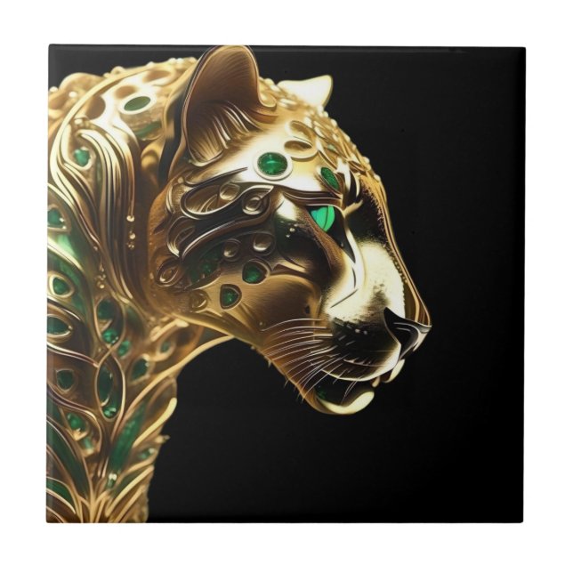 Regal Grace: A Jaguar Dourada Adornada com Emerald (Frente)