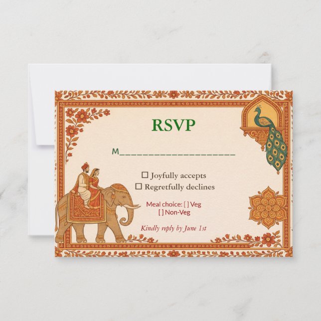 Regal Indian Floral Peacock RSVP Card (Frente)