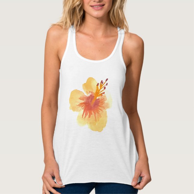 Regata Aquarela Hibiscus Amarelo Laranja Tropical (Frente)