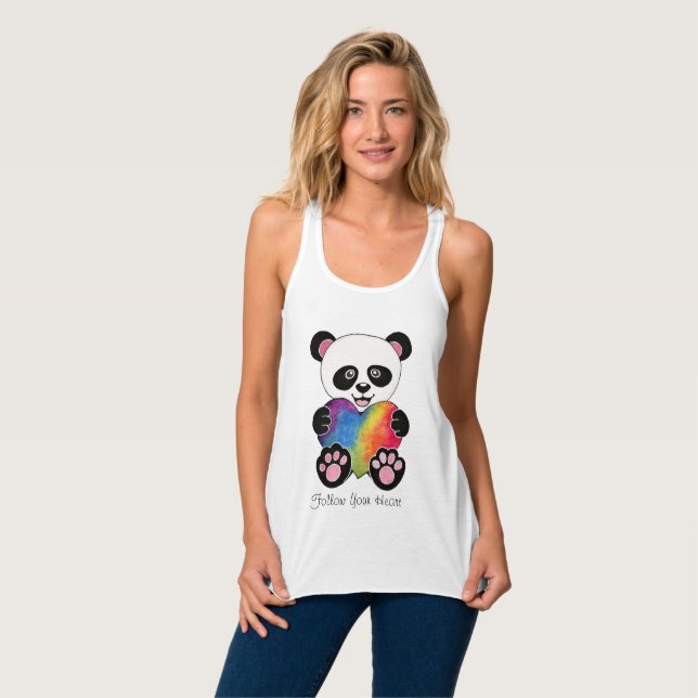 Regata Panda Cuta De Aquarela Com Coração Arco-Íris (Frente Completa)