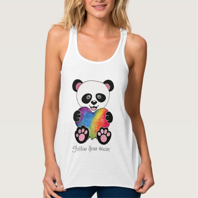 Regata Panda Cuta De Aquarela Com Coração Arco-Íris (Frente)