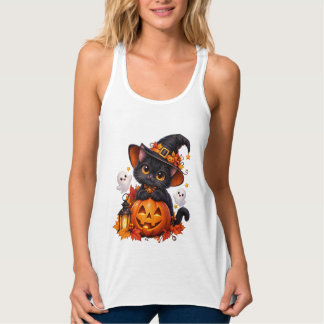 Regata Tanque de Alças Cute Gato Preto Halloween Abóbora