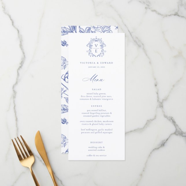 Regency Blue Crest Monograma Menu Casamento (Frente/Verso In Situ)