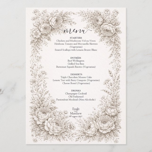Regency Botanical Engraving Wedding Party Menu Car (Frente)