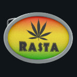 Reggae Rasta Leaf Jamaican Jamaica Belt Buckle<br><div class="desc">Rasta Folha © Sunny Mars Designs. Legal e personalizável fivela de cinto oval jamaicana Reggae Rasta Folha com uma silhueta de uma folha rastafariana em cores verdes,  amarelas e vermelhas da Jamaica.</div>