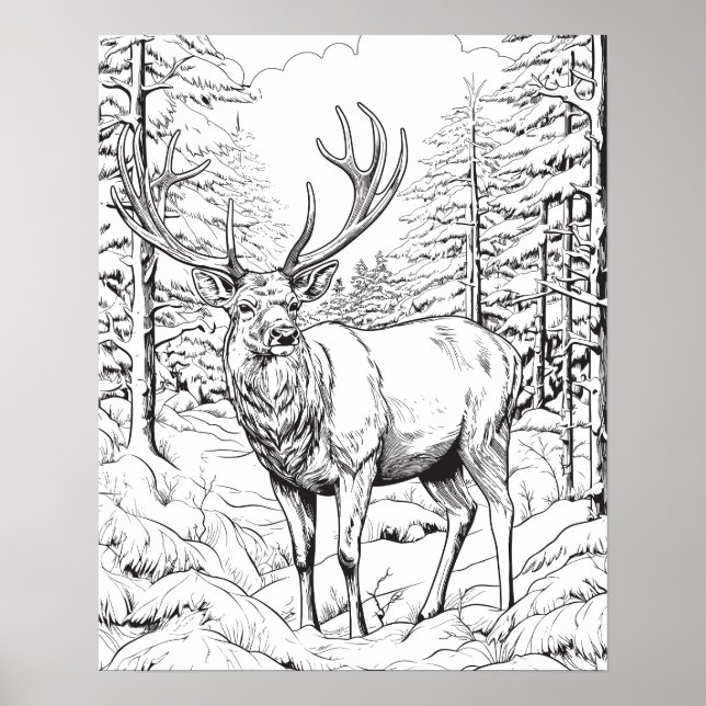 Reindeer em Snowy Woods Coloring Poster (Frente)