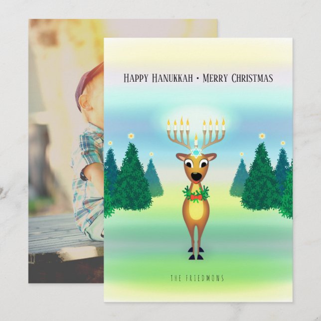 Reindeer Menorah Hanukkah Cartões de foto de Natal (Frente/Verso)