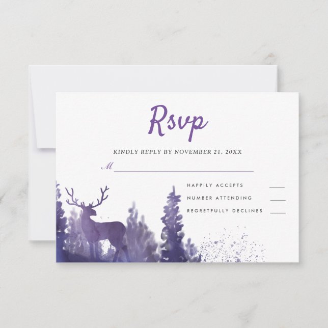 Reindeer Watercolor RSVP Casamento no inverno Purp (Frente)