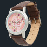 Relógio 18th birthday pink florals monogram name<br><div class="desc">A trendy watch for a 18th birthday gift. With a faux gold hexagon geometrical shaped frame. Decorated with watercolored dahlia flowers in pink, cream and coral. Living coral with polka dots as background. Templates for a name, age 18 and a date. Date of birth or date of the party. Burgundy...</div>