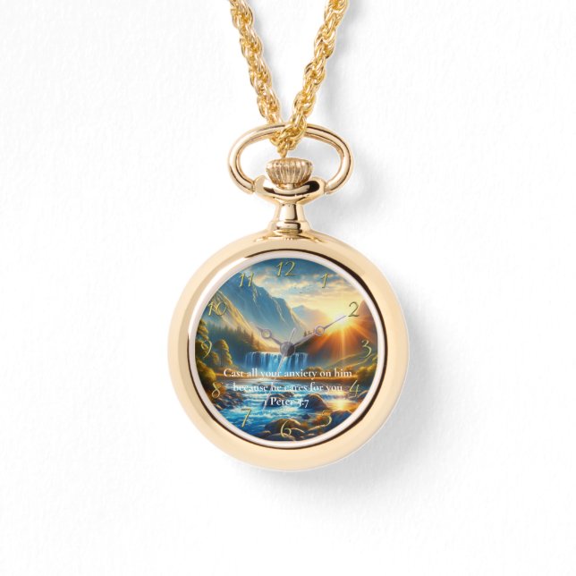 Relógio 1 Peter 5:7 Dourada oração de fé cristã (Frente)