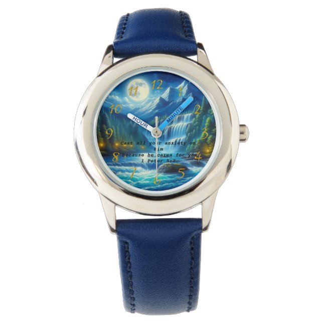 Relógio 1 Peter 5:7 Dourada oração de fé cristã (Frente)