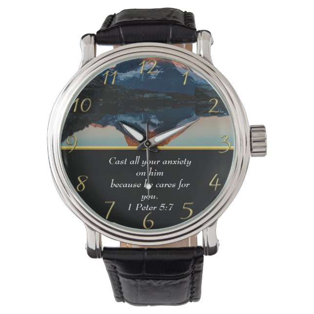 Relógio 1 Peter 5:7 Lago cristão Faith Moutain (Frente)
